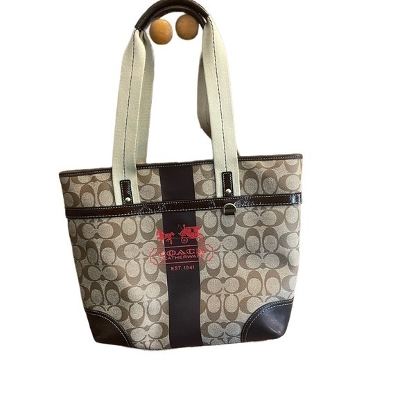 COACH Chelsea Heritage Stripe bag, beige and brown leather vintage - Picture 2 of 7